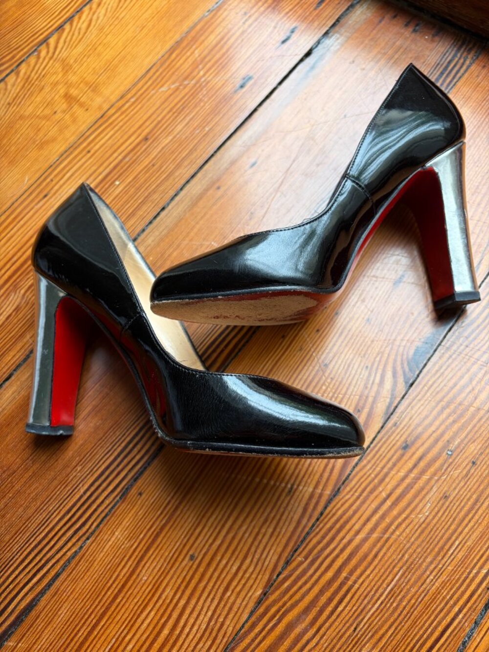 Vintage Rare Christian Louboutin Black Patent Leather Block Silver Heels - Picture 14 of 16